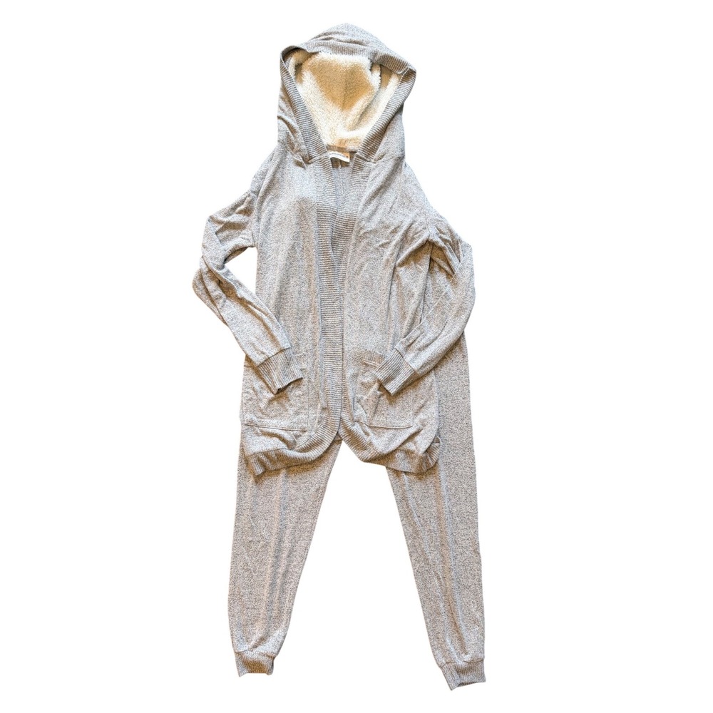 Heather Grey Knit Lounge Set Hooded Cardigan & Joggers Travel Cozy Soft Casual